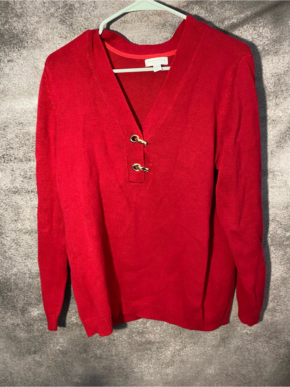 Charter Club Woman Red Cotton Knit Sweater 1X Gold Hardware V-Neck Pullover⁠